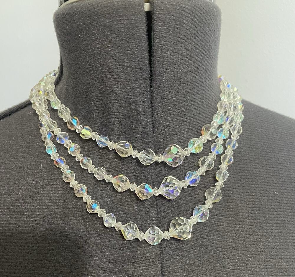 Vintage Aurora Borealis AB 3-Strand Graduated Necklace 16 Inch Adjustable Fancy
